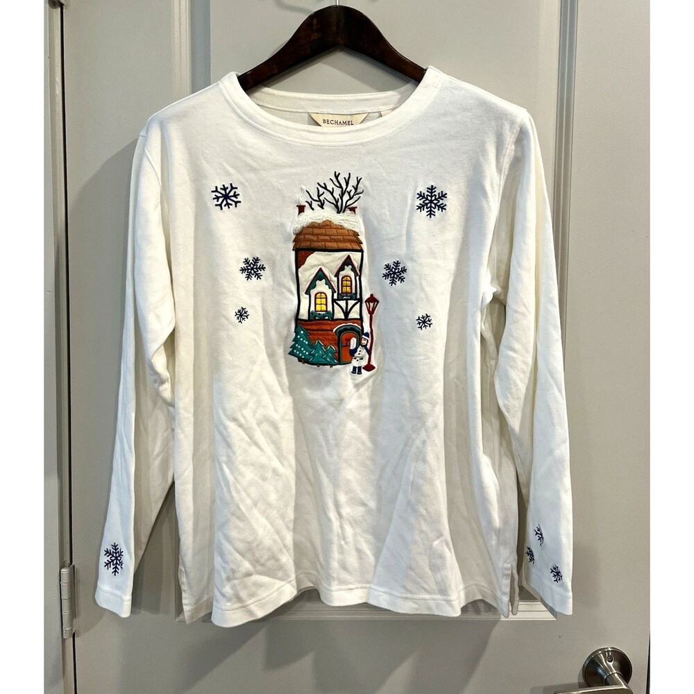 Bechamel White Embroidered Snowman Christmas Crew Neck Long Sleeve Shirt L 0109